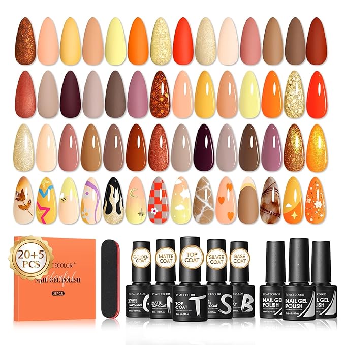 Peacecolor Fall Gel Nail Polish Set, 26PCs Gel Polish Kit 20 Colors Glitter Brown Red Orange 5PCs Matte/Glossy/Glitter Top Base Coat Nail Files Manicure Starter Kit Gifts for Women