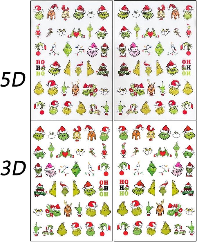 4 Sheets Christmas Nail Art Stickers Cute Green Monster 5D Self-Adhesive Xmas Nails Decals Designs Winter Funny Cartoon 3D Christmas Nail Stickers Decals Supplies for Women Nail DIY Art Decoration