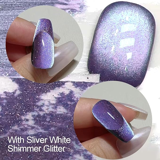 Neptune Purple Glass Cat Eye Gel Nail Polish with Magnet Stick, Blue Light Planet Cats Eye Gel Magnetic Cat Eyes Ceramic Crystal Silk Velvet Effect Sock Off Professional Use for Salon