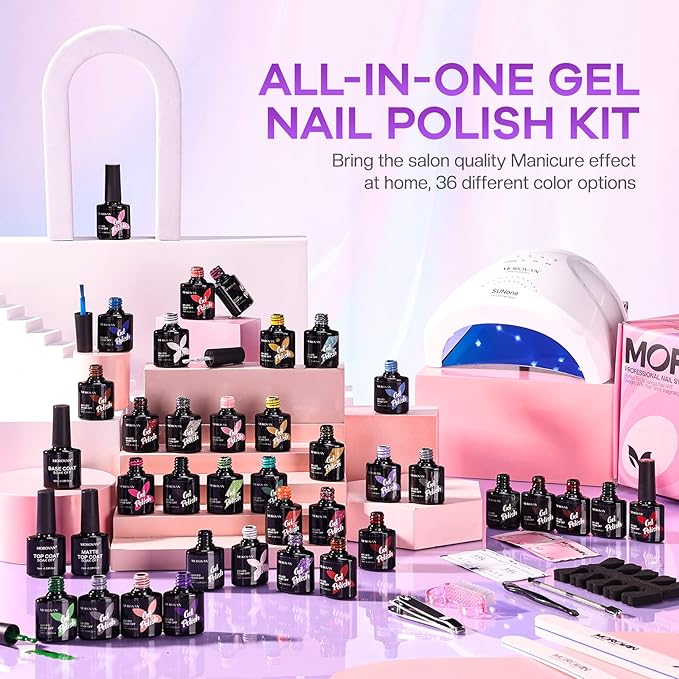 Morovan Gel Nail Polish Kit with UV Light: 36 Colors Gel Nail Polish Set with Pure Gillter Gel Polish Soak Off Gel Nail Kit Contain Base & Top Coat Nail Polish Starter Kit