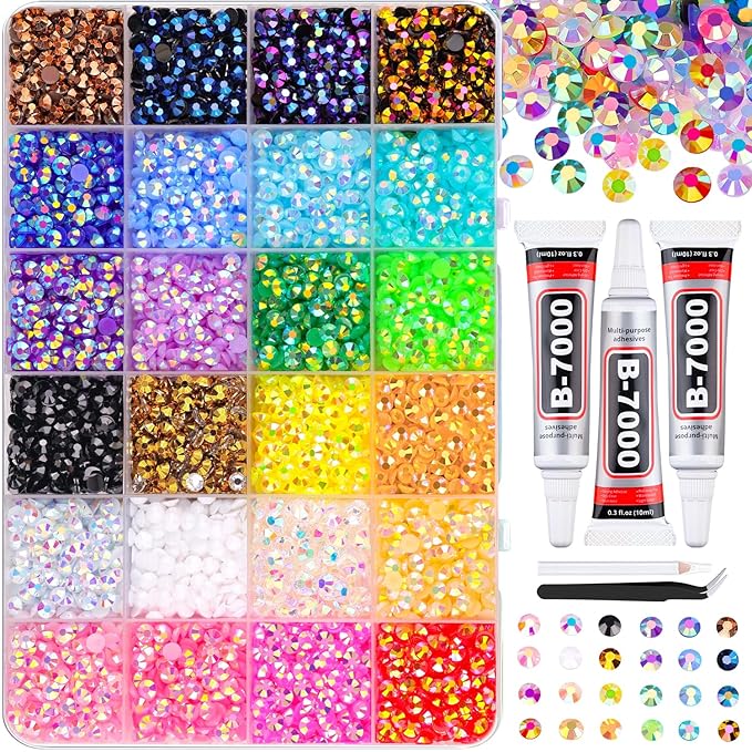 8500Pcs Resin Jelly Rhinestones with Tweezers for Crafting, Mixed-Color 5mm Flatback Gems, Bedazzling Crystal with 3Pcs 10ml B7000 Jewelry Glue for DIY Crafts Clothing Tumblers Shoes Nail Art