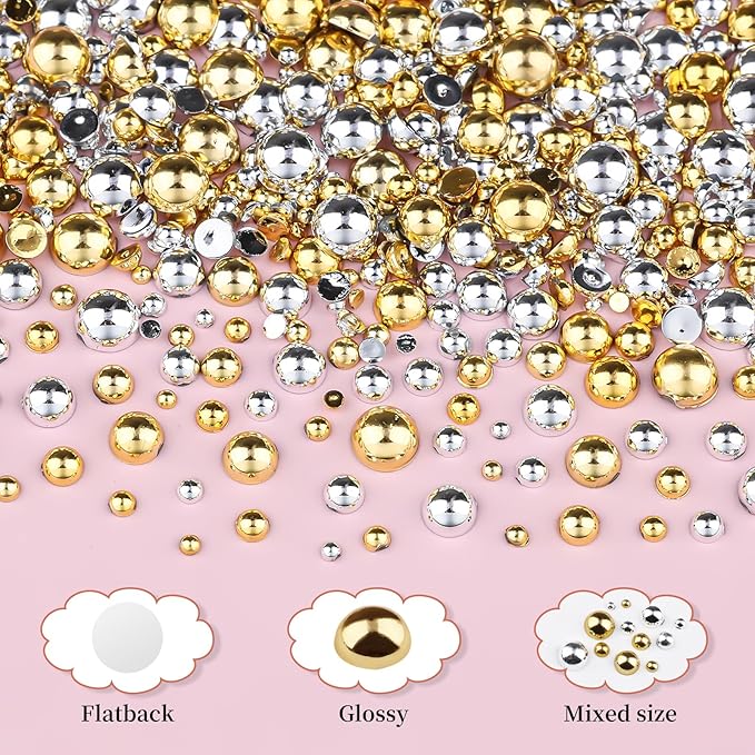 Gold and Silver Nail Charms and Gems, 1.5-5mm Half Round Flatback Nail Pearls Ball Beads Silver Gold Pearls for Nails with Pickup Pencil and Tweezers (12-K1-half-pearls-gold-silver)