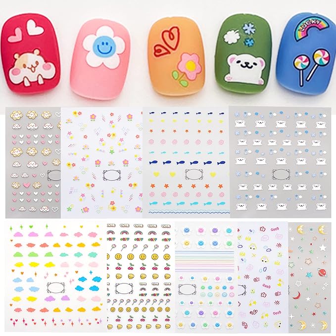 Cute Nail Stickers for Kids Including Animals Flowers Cloud Star Heart and More Self Adhesive Fingernail Decal Stickers for Little Girls Women Nail Art Decoration Fun (Pack of 9)