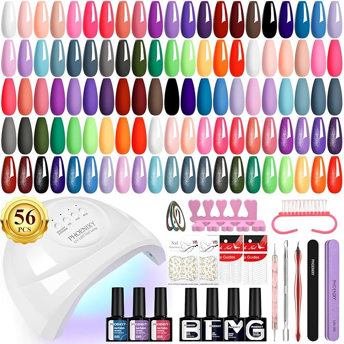 phoenixy Gel Nail Polish Kit with U V Light 48W, 56 Pcs 108 Effects Gel Nail Polish Set Base Glitter Top Coat Manicure Tools Gifts for Women