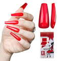 Allkem Press On Nails - Hot Red Glossy Extra Long Ballerina Multipack | 10 sizes - 100 pcs False Nails Full Cover Nail Kit with Glue