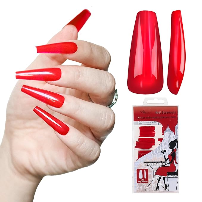 Allkem Press On Nails - Hot Red Glossy Extra Long Ballerina Multipack | 10 sizes - 100 pcs False Nails Full Cover Nail Kit with Glue
