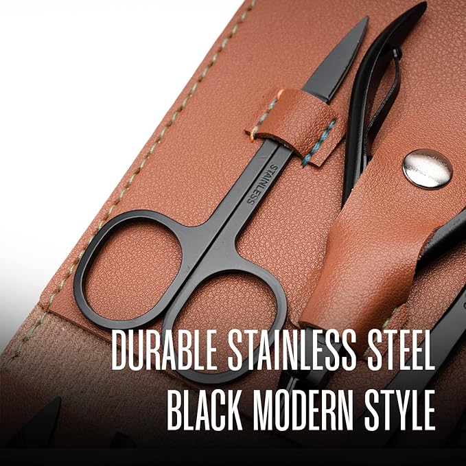 Nail Kit - Nail Clipper Set - Manicure Set -16 Stainless Steel Pieces Manicure Kit For Men’s - Pedicure Kit For Men - Mens Grooming Kit With Brown Leather portable Case by Hayvenhurst