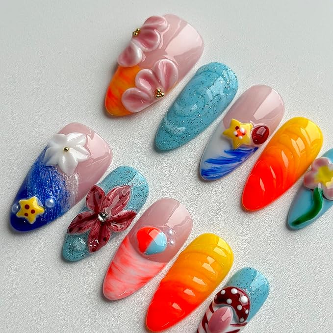 Luxury Press on Nails Medium Almond Handmade 3D Unique Reusable ABS Material Fake Nails French Tip False Nails with Designs Mushroom Floral Summer Glossy Glue on Nail Thick Acrylic Nail(S)