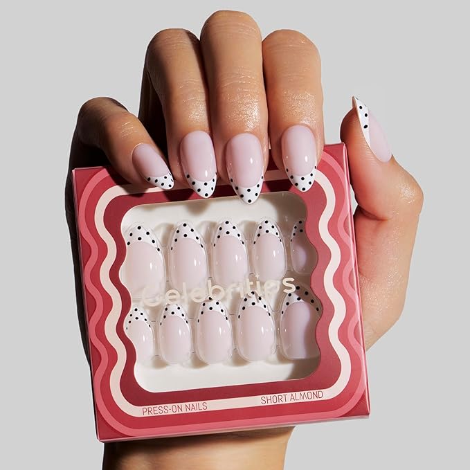 Nail Art Press-Ons | Milky Polka, Short Almond Nails, Reusable | 16 sizes - 32 Nails Kit with Super-hold Nail Glue and Sticky Tabs