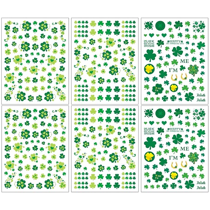 6 Sheet St. Patrick’s Day Nail Stickers – Irish Shamrock Green Clover Carnival Festival Fake Nail Decals 3D Self-Adhesive for Women Girls Summer Holiday Nail Art Decorations