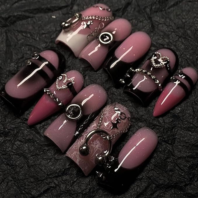 115 pcs Silver Punk Nail Art Kit - 15 Mixed Styles Edgy Charms Guns, Crosses, Hearts, Roses, Stars & Holographic Gems for Grunge, Rocker, Gothic Nail Designs
