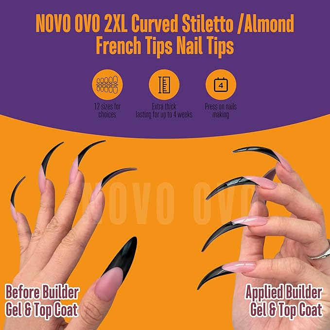 NOVO OVO Halloween Black XXL Curved Stiletto Almond French Tip Nail Tips Press on BERRY PINK, Full Cover Extra Thick Acrylic Hawk Curve Fake Extension Kit, No Nail Glue Included, 12 Sizes 144 pcs