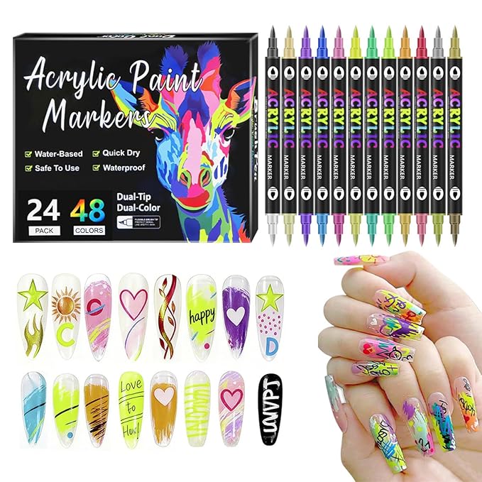 DualTip Nail Art Marker Set Water Based Acrylic Paint Pens with Precision Tips for DIY Nail Design Graffiti Dotting Quick Dry Easy Use Tools Manicures Ladies Girls Thick Pen Tips 48 Colors 24 pieces