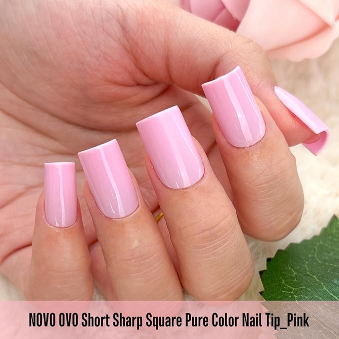 NOVO OVO Short Sharp Square Nail Tips Press on Pure Color Pink, Need Builder Gel Top Coat Nail Glue, Soft Gel Matte Fake Nail Extension, Full Cover False Nails for Salon DIY x 15 Sizes 180 pcs
