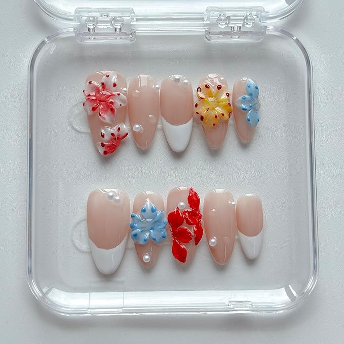 Luxury Press on Nails Medium Almond Handmade 3D Unique Reusable ABS Material Fake Nails White French Tip False Nails with Designs Polka Dots Pearls Flower Glossy Glue on Nail Thick Acrylic Nail(S)