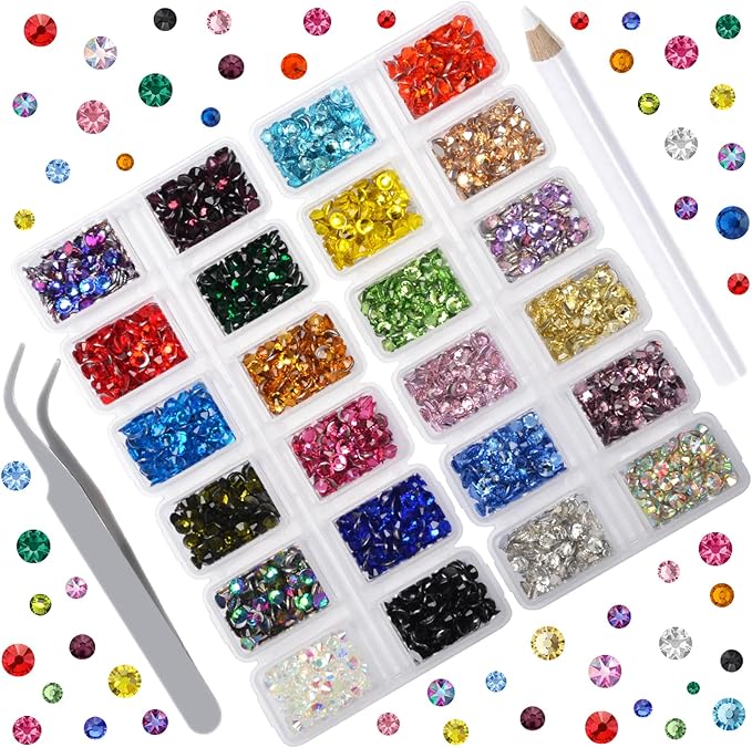 24 Colors2800 Pieces Rhinestones Round Crystal Glass Flat Back Rhinestones with 1Tweezers and 1Picking Pen for Nail Art Crafts Clothes Bags DIY (ss16)