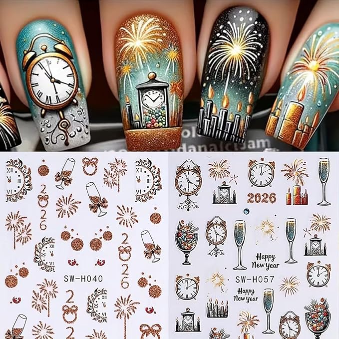 6Pcs Christmas Nail Art Stickers Decals 2026 New Year Fireworks Clock Nail Design Stickers Winter Xmas Nail Art Supplies 3D Self Adhesive Glitter Nail Decals Holiday Manicure Accessories for Women