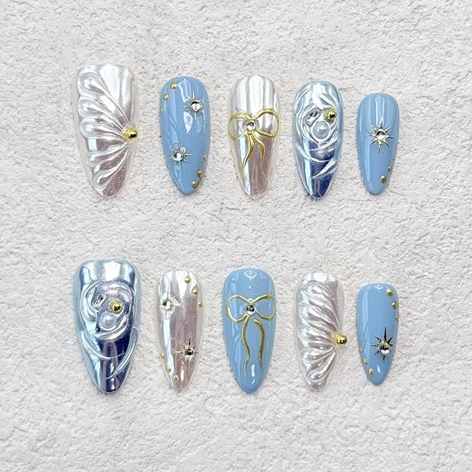 Handmade Press on Nails Medium Almond Fake Nails with Glue,Luxury Rhinestone ＆ 5D Bow Art Blue Press ons Muti-Layer Gel Handmade False Nails for Women (Size M)