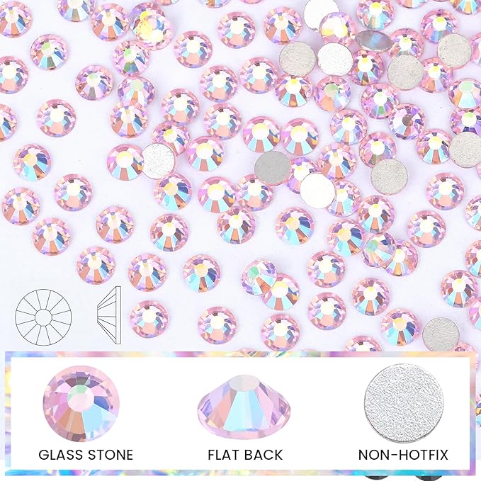 Novani Pink AB Rhinestones Glass Rhinestone for Crafts Flatback Crystals Gems and Rhinestones for Nails Art Makeup Face Clothes Shoes Decoration DIY(SS16, 1440pcs, Pink AB)