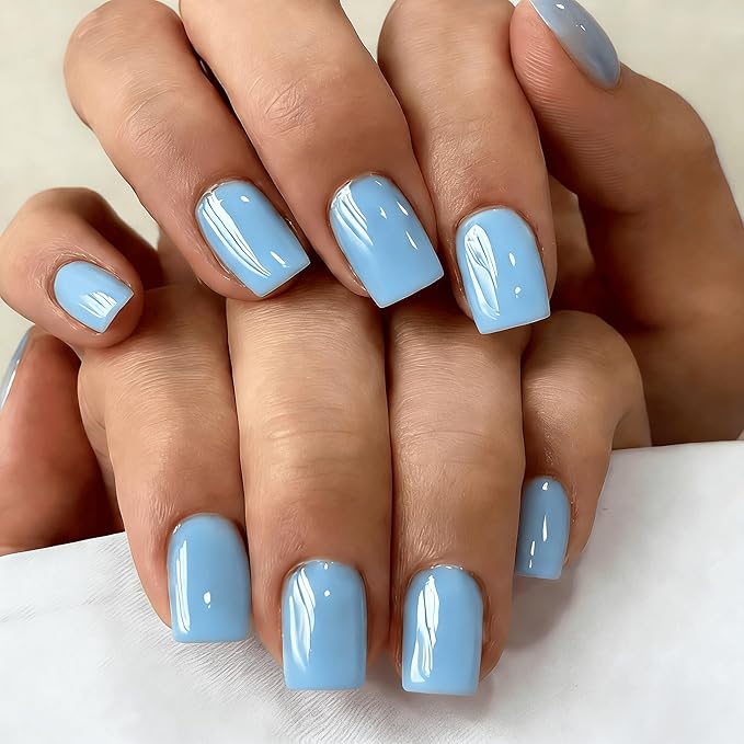 Chrome Sky Blue Press on Nails Short Square, Glazed Short Fake Nails with Sparkle Mirror Design, Shiny Glitter Glue on Nails with Glue, Cute Gel Nail Press ons for Fingernail 30 Pcs