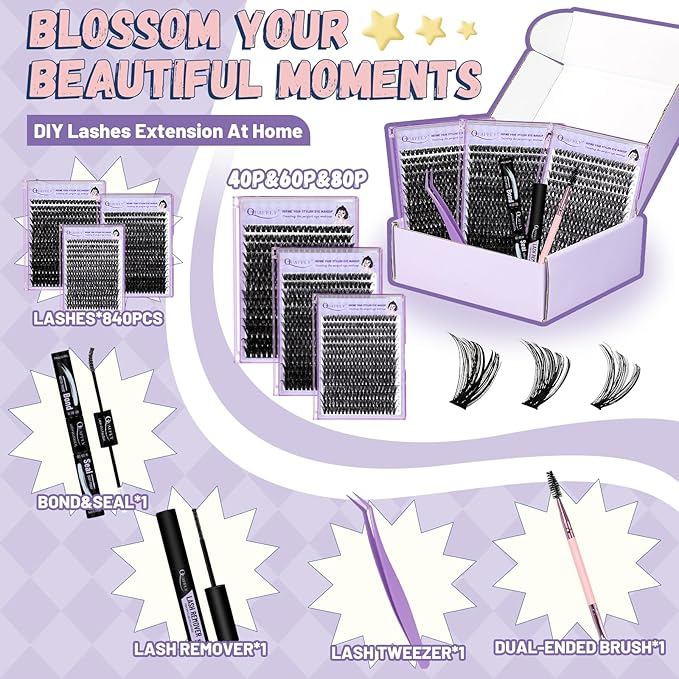 DIY Lash Extension Kit 840Pcs 10-18mm D Curl Lashes Clusters with Lash Bond&Seal Lash Remover Tweezers Double-Ended Brush Easy to Use for Beginners