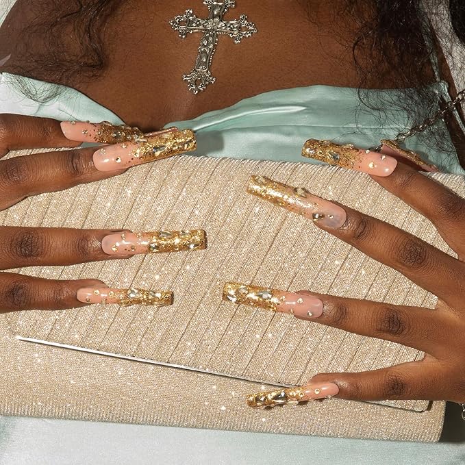LOVFUL Gold Bling Press On Nails, Stunning Drill Glue On Nails, Luxury Fake Nails, Princess Nails | Handmade Nails l Fake Stick on nails| Square Long 2.2 in | H84 (M)