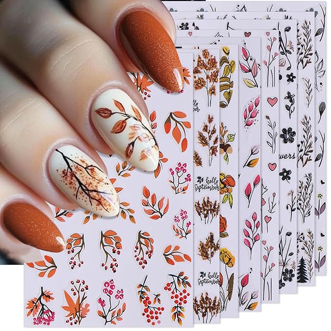 8 Sheets Fall Leaves Nail Stickers - Autumn Orange & Black Flowers Self-Adhesive 3D Nail Decals for Women Girls DIY Thanksgiving Day Floral Manicure
