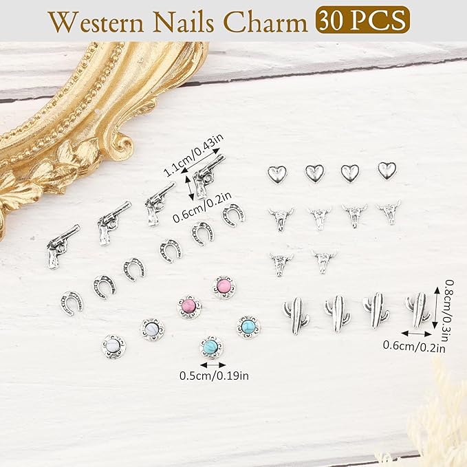 30 PCS Western Nail Charms - Retro Metal Cowboy Cowgirl Turquoise Nail Charms Western Stickers Decals Gems Decor, Vintage Turquoise Jewelry for DIY Crafts Art Accessories