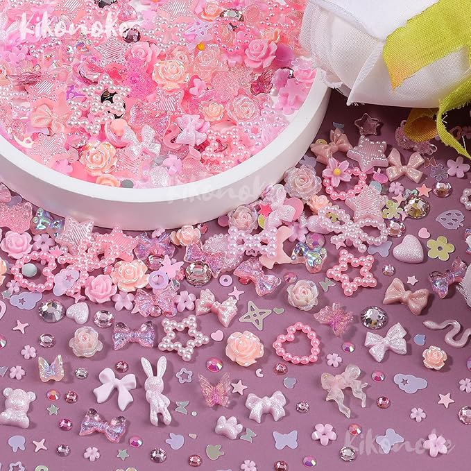 400Pcs Pink Nail Charms Kit, 3D Nail Gems and Rhinestones Flatback Pearls Mixed Shape Set, Heart Rabbit Butterfly Flower Bow Acrylic Resin Nail Art Decorations DIY Craft (Pink)