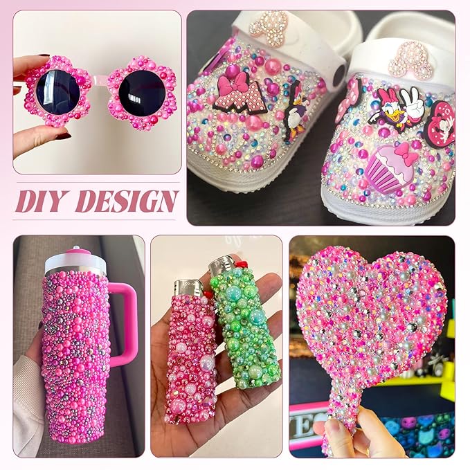 14000Pcs Flatback Pearls and Rhinestones for Crafting, Hot Pink Light Pink Mixed Size 3-8mm Resin Rhinestones and Half Pearls for Bedazzling, Nail Art with Tweezers and Pickup Pencil