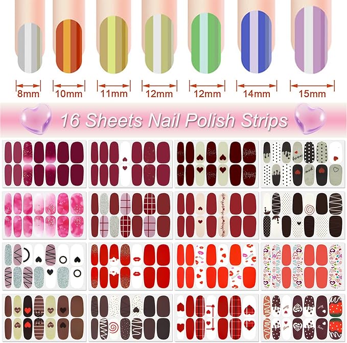 DANNEASY 16 Sheets Valentine's Day Nail Polish Strips for Women Red Nail Wraps Gel Nail Strips Self Adhesive Nail Polish Stickers Fingernails Nail Art Design with Nail File, Cuticle Stick