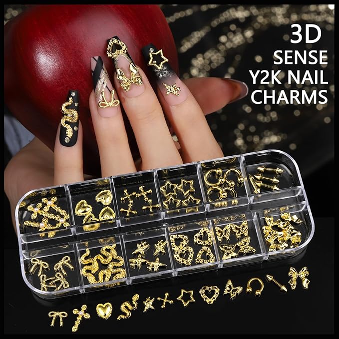 Teentior Nail Charms Gold Rhinestones for Nails with 15 Sheets Gold Nail Stickers, 6 Boxes Nail Gems Pearls for Nails, Cross Nail Charms for Nails Design Nail Art Rhinestones, Caviar Beads for Nails