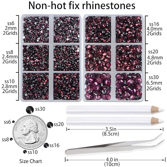 LPBeads 6000 Pieces Amethyst Non Hotfix Rhinestones 6 Sizes Round Crystal Glass Flat Back Rhinestones with Tweezers and Picking Pen for Nail Art Crafts Clothes Bags DIY