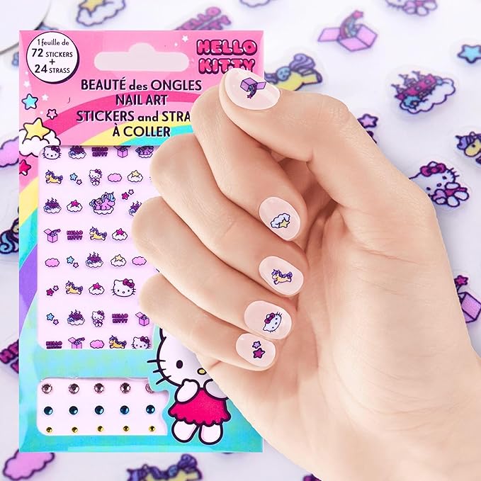 Hello Kitty Nail Stickers – 1 Sheet with 72 Stickers + 24 Rhinestones – Self-Adhesive Nail Art for Girls – Fun Activity & Gift Idea for Birthdays, Crafts, Party Bags and Playdates