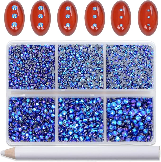 Bymitel Hotfix Crystal Rhinestones Round Gems for Crafts,Mixed 6 Sizes with Wax Pencil Kit, Sapphire AB 1.3-3.2mm(SS3-SS12/8000pcs)