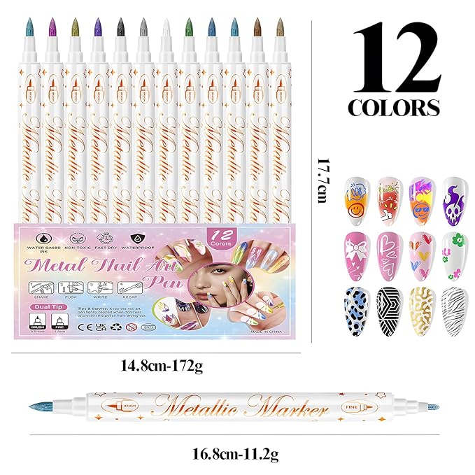 12 Colors Metallic Nail Art Pens Set, Double-Ended Nail Marker Pens for Nail Art Dotting Line Painting Designs, Water Based Quick Dry Paint Markers for DIY Manicure, Home & Salon Use