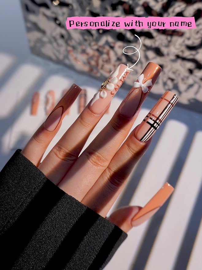 HAND-PAINTED White Press Ons Neon Small Press on Nails Long French Press on Nails Coffin Medium Short Nail art Fake Nail Art Kit with 7g Glue on Nails Handmade Almond Square Nails (TJ-5, Small)