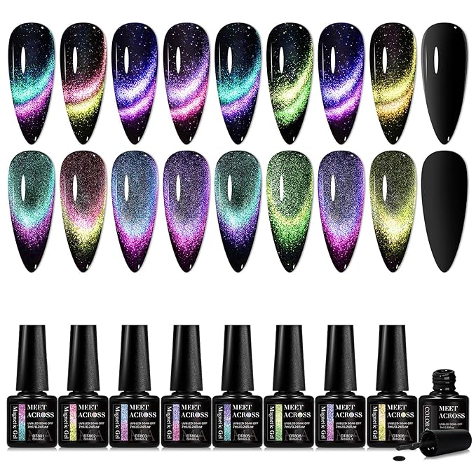 MEET ACROSS 9D Cat Eye Gel Nail Polish, 12 Pcs Chameleon Galaxy Magnetic Gel Polish Set with Base Top Coat and Magnet Stick Soak Off Nail Art Salon Manicure Home Ladies Gift