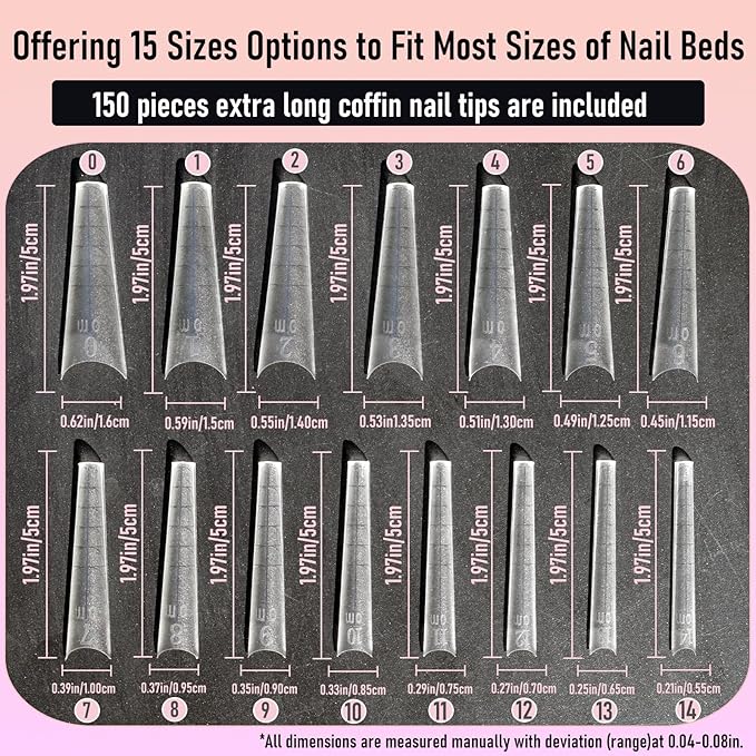 5cm Shallow Cover Nail Tips, D-Arc at the Stress Area, C-Arc Sculpted, Straight Coffin Shape, Can be Filed into Almond Shape, 150Pcs 15 Sizes with Auxiliary Lines