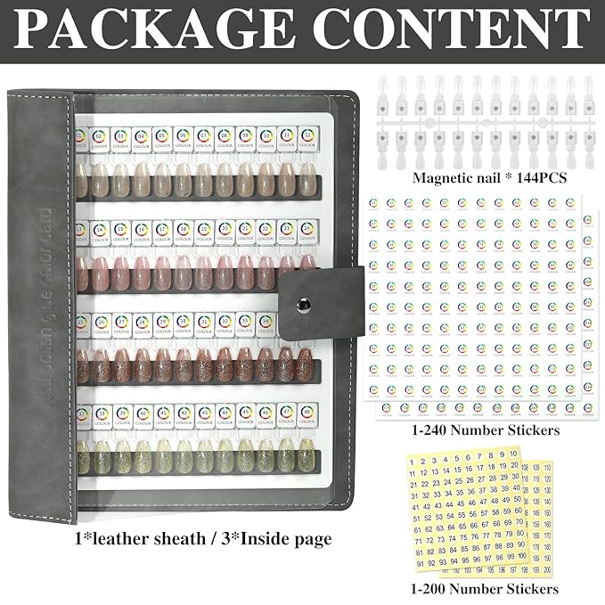 144 Magnetic Nail Color Book,Leather Magnetic Color Display Book with 144PCS Magnetic Tips & 1-240 Number Labels,Perfect for Nail Polish Nails Art Design(Gray)