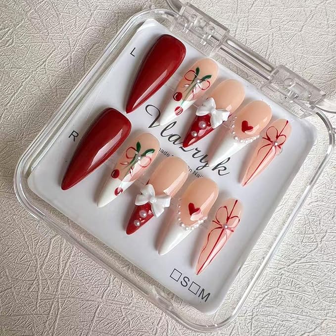 Luxury Handmade Press On Nails for Women,Reusable French Tip Long Almond False Nails, with 3D Red Bow & Cherry Pearls, Salon Quality Multilayer Gel Acrylic Fake Nails (10pcs)