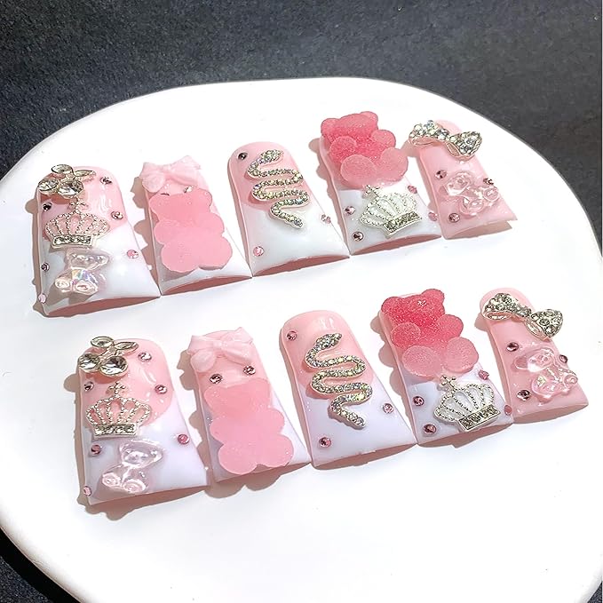 10Pcs Long Press on Nails Handmade Duck Fake Nails French Tip False Nails with Glue 3D Charms Design Acrylic Nails Luxury Rose Pink Stick on Nail for Women (Size M)