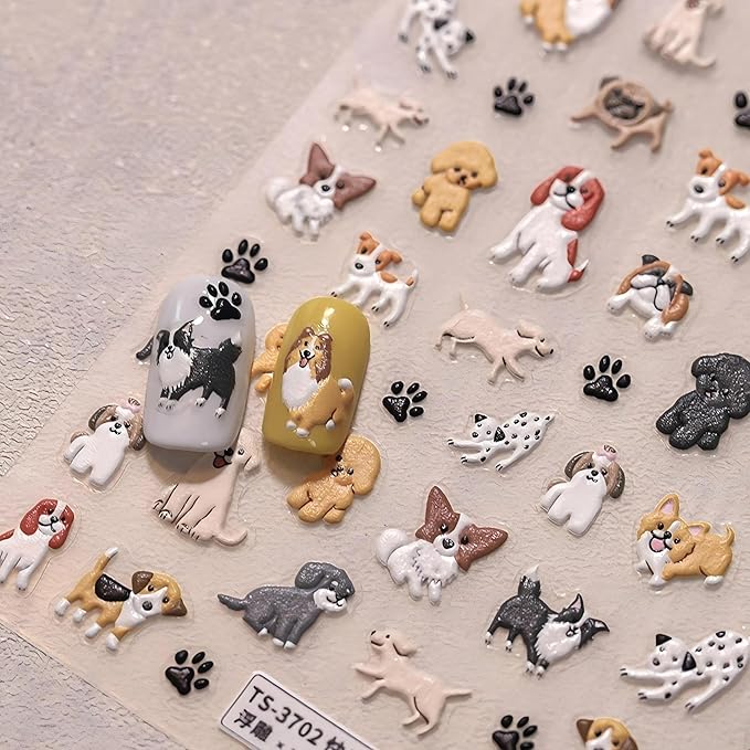Dedyel Cute Nail Stickers 5D Embossed Cartoon Dog Kawaii Animal Self-Adhesive Nail Decals for Women Girls Kids Nail Art Decoration