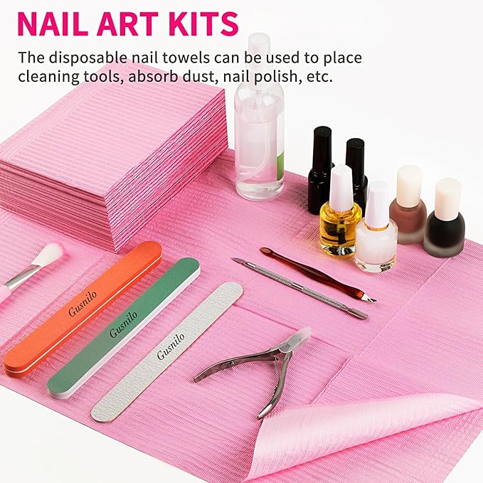 Gusnilo Nail Art Table Mat - Disposable Nail Paper Towels (50PCS) - Pink Waterproof 3-Ply Nail Art Paper 13" X 18" Pads for Nail Table Decoration Kit, Nail Art Accessories