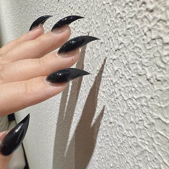 Luxury Press on Nails Medium Stiletto Handmade Eagle Claw Unique Reusable ABS Material Fake Nails Dragon Cat Claw False Nails with Designs Black Glossy Glue on Nail Curved Thick Acrylic Nail(S)