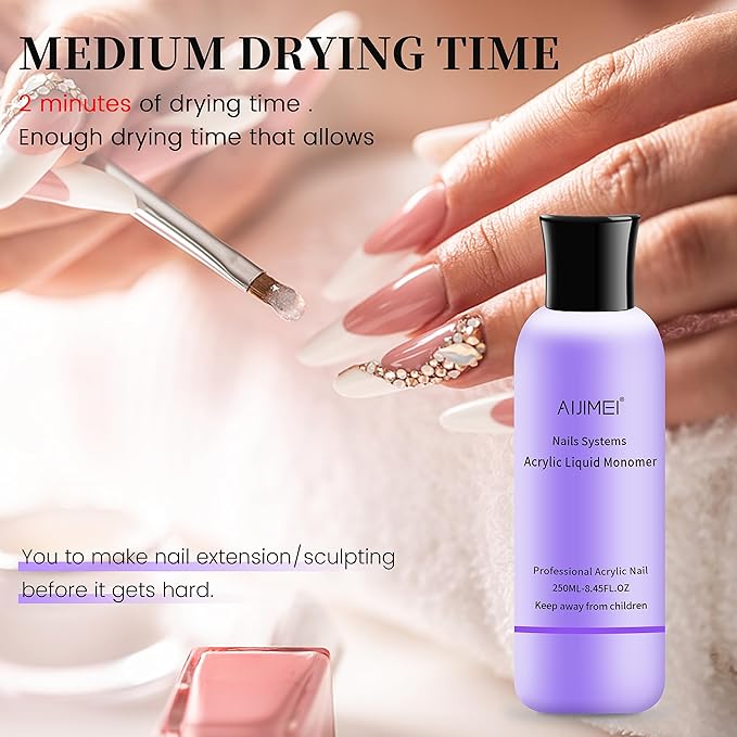 AIJIMEI Acrylic Liquid Monomer 250ML/8.5FL.OZ with Nail Brushes for Acrylic Powder Nail Liquid Monomer For Nails Powders & Liquids