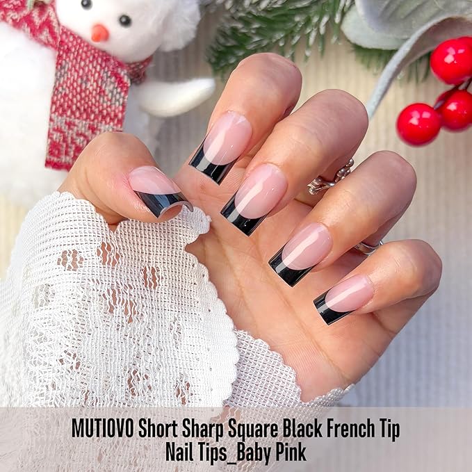 Black French Tip Short Straight Square Nail Tips Press on, BABY PINK Extra Thick NEED Soft Gel Nail Extension, Need Builder gel & Top,Coat Full Cover False Nails, for DIY x 15 Sizes 150 pcs