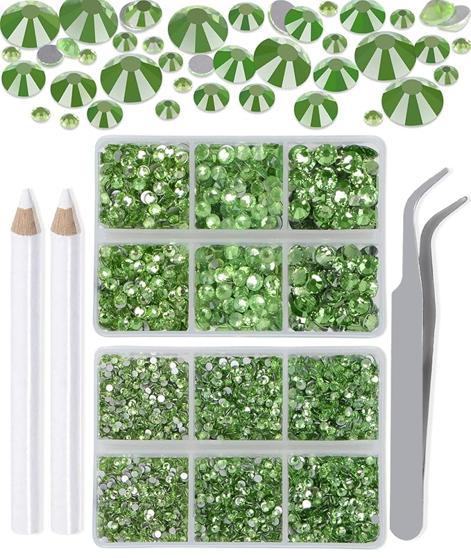 LPBeads 6000 Pieces Light Green Non Hotfix Rhinestones 6 Sizes Round Crystal Glass Flat Back Rhinestones with Tweezers and Picking Pen for Nail Art Crafts Bags DIY