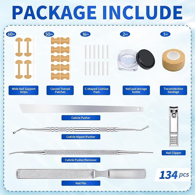 Ingrown Toenail Care Kit with Flexible Strips(134PCS), Professional Toenail Tool Kit Includes Breathable Toenail Bands, Curved Pads, Painless File & Lifter Tools | Home Pedicure Maintenance Set