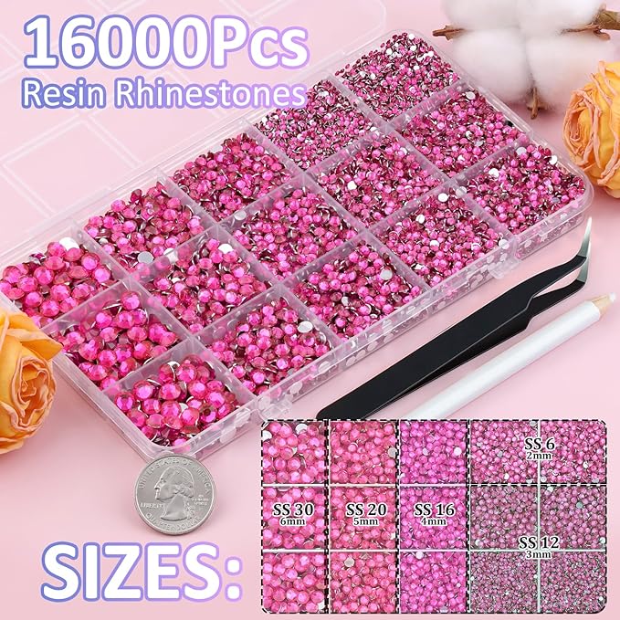 16000Pcs Resin Rhinestones with Tweezers for Crafting, Hot Pink 2-6mm Mixed Sizes Bedazzling Crystal with 3Pcs 10ml B7000 Jewelry Glue for DIY Crafts Clothing Tumblers Shoes Fabric Nail Art